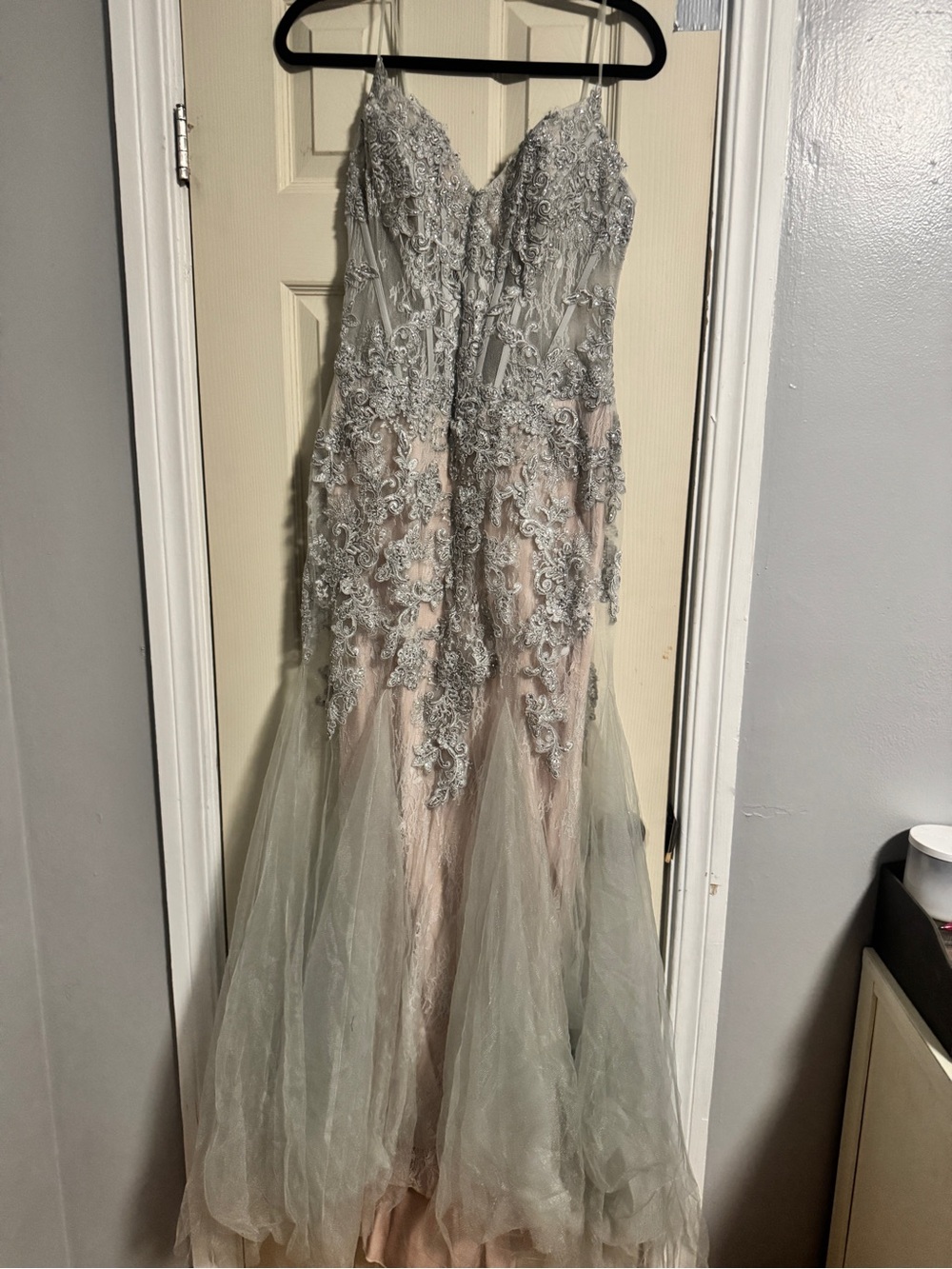Camille La Vie Lace Gown in Blush and Silver